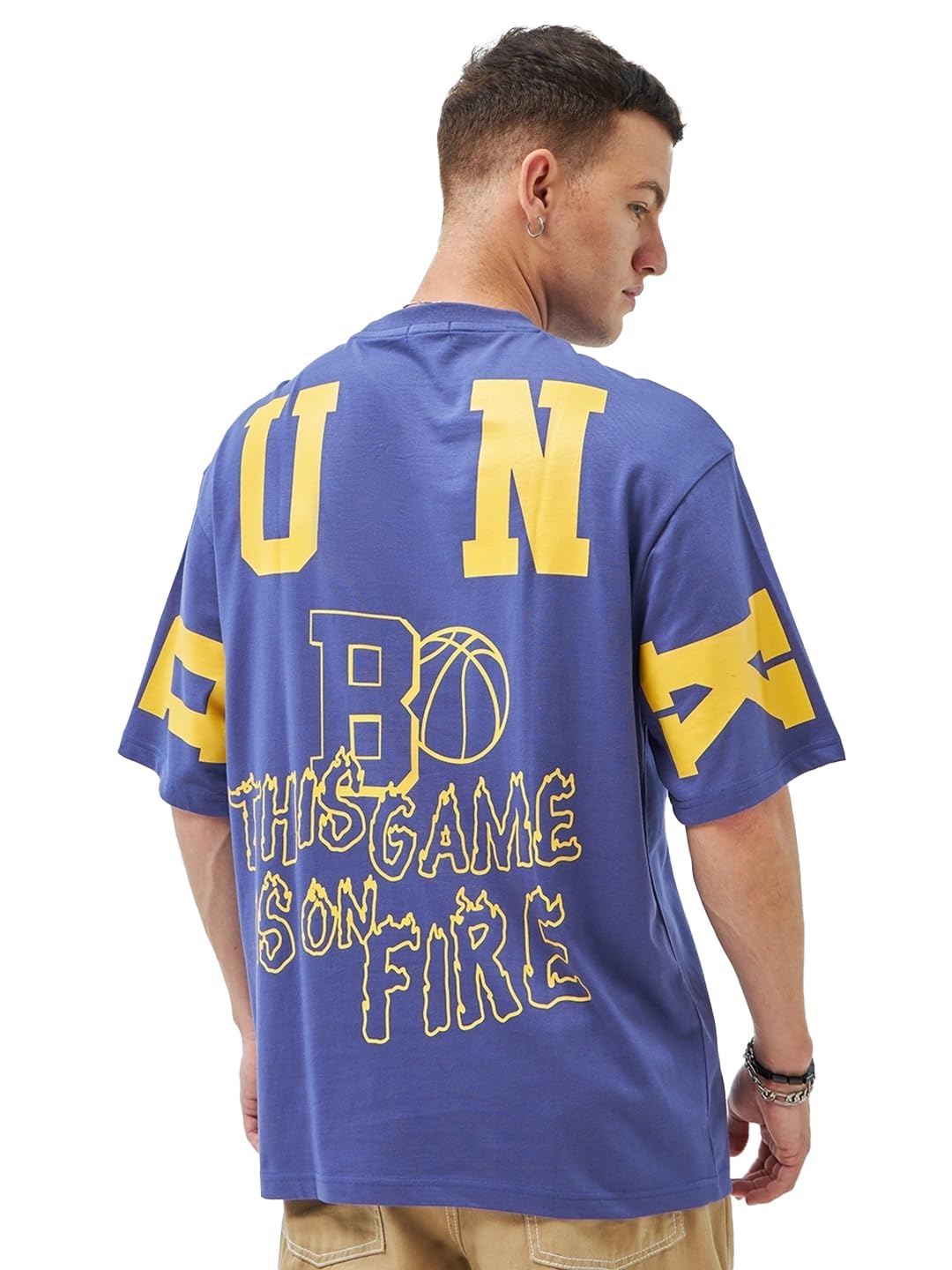 Bewakoof Mens Graphic Printed Super Loose Fit Half Sleeve Round Neck Cotton Jersey T-Shirt_ 616968 Blue M
