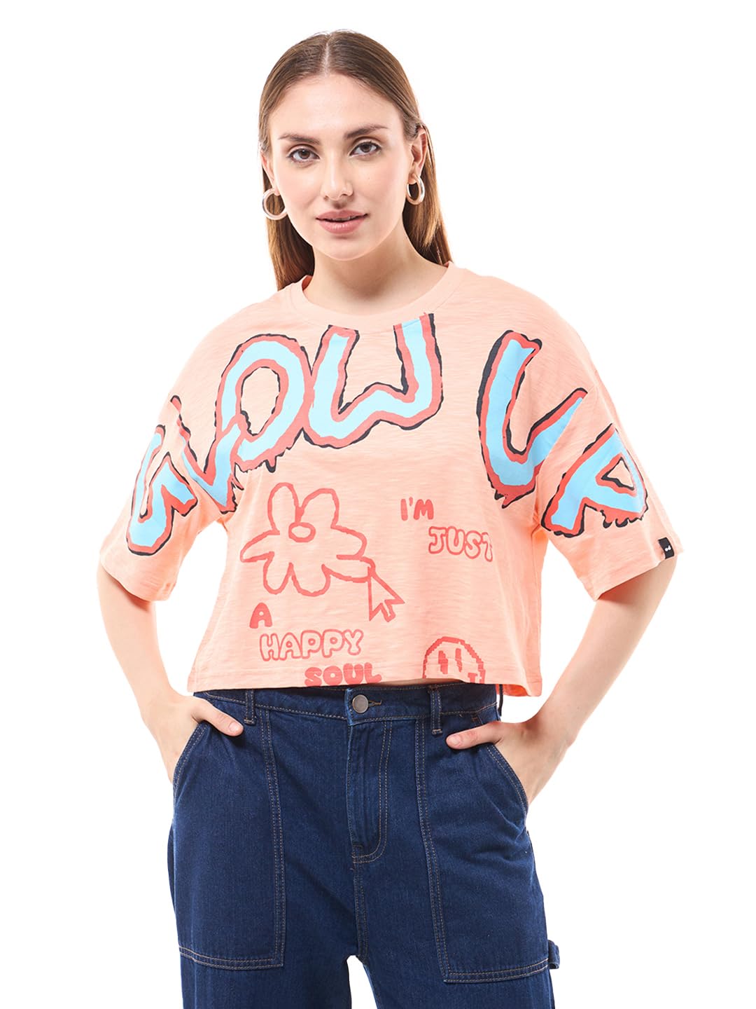 Bewakoof Air 1.0 Womens Graphic Printed Oversized Fit Half Sleeve Round Neck Cotton Jersey Short Top_636774_Orange_M