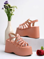 Shoetopia WomenS Peach Platform Sandals Chunky Wedge Gladiator Style|| Caged Straps & Adjustable Buckle  Trendy Summer Footwear