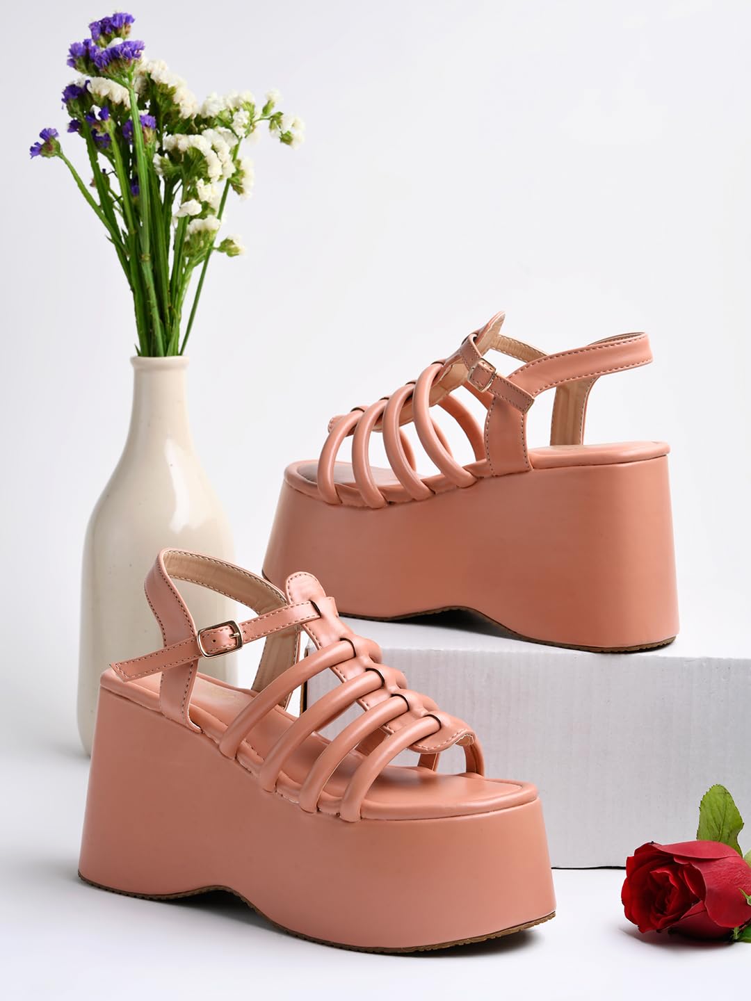 Shoetopia WomenS Peach Platform Sandals Chunky Wedge Gladiator Style|| Caged Straps & Adjustable Buckle  Trendy Summer Footwear