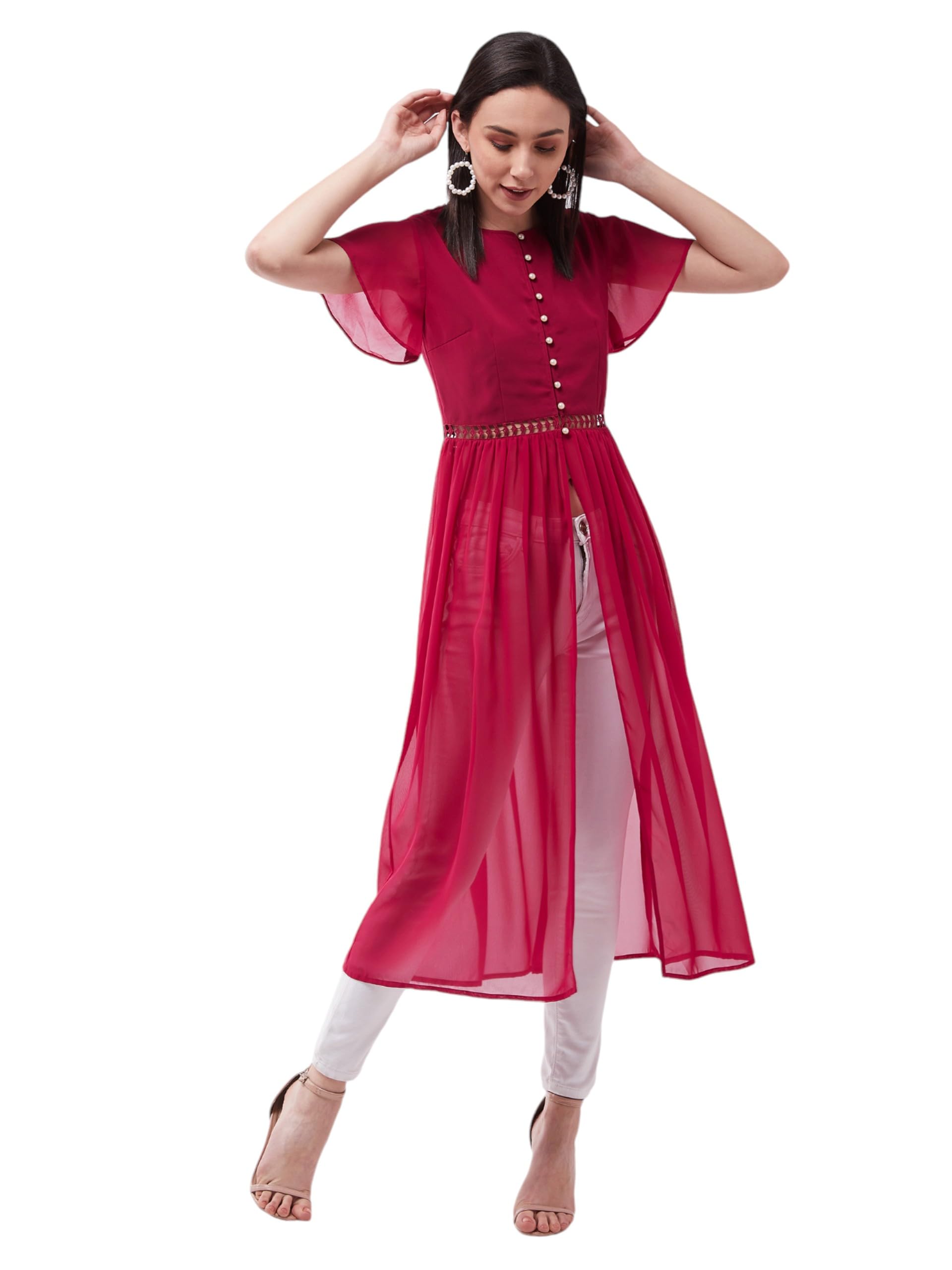 Miss Chase Womens Round Neck Flared Sleeve Solid Gathered Maxi Top (MCAW18TP11-96-23-06, Dark Pink, XL)