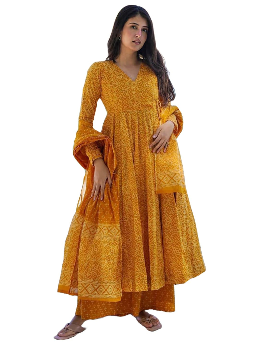 ANNI DESIGNER Womens Rayon Viscose Anarkali Printed Kurta with Palazzo & Dupatta (Sinners Yellow_M_Yellow_Medium)