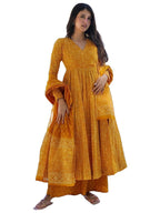 ANNI DESIGNER Womens Rayon Viscose Anarkali Printed Kurta with Palazzo & Dupatta (Sinners Yellow_M_Yellow_Medium)
