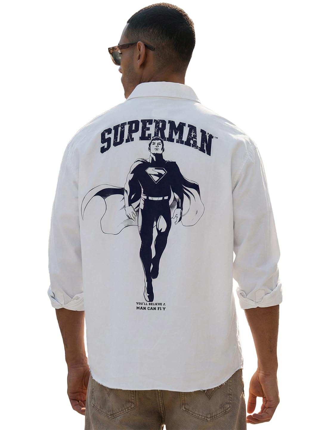 Bewakoof Official Dc Merchandise Superman MenS Graphic Print Oversized Fit Full Sleeve Collar Cotton Twill Shirt_689721_White_X