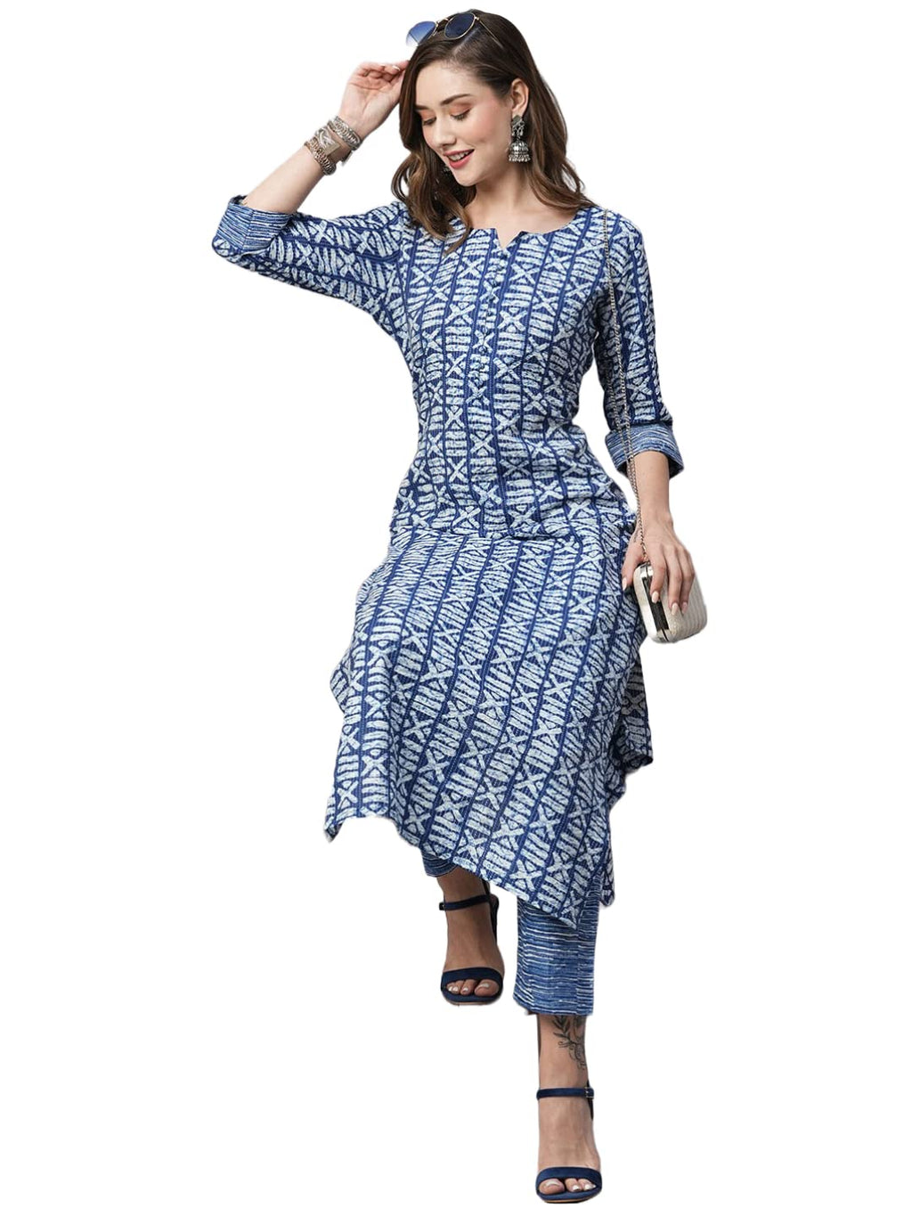 ANNI DESIGNER Womens Cotton Blend Printed Straight Kurta with Pant (Ubika Blue_S_Blue_Small)