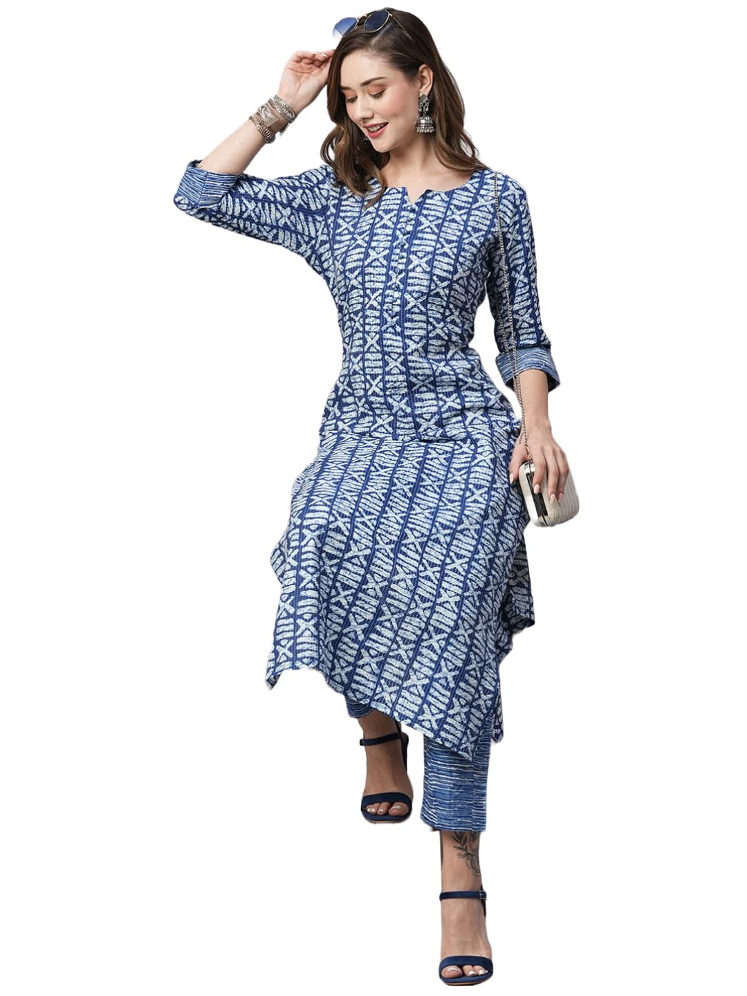 ANNI DESIGNER Womens Cotton Blend Printed Straight Kurta with Pant (Ubika Blue_S_Blue_Small)