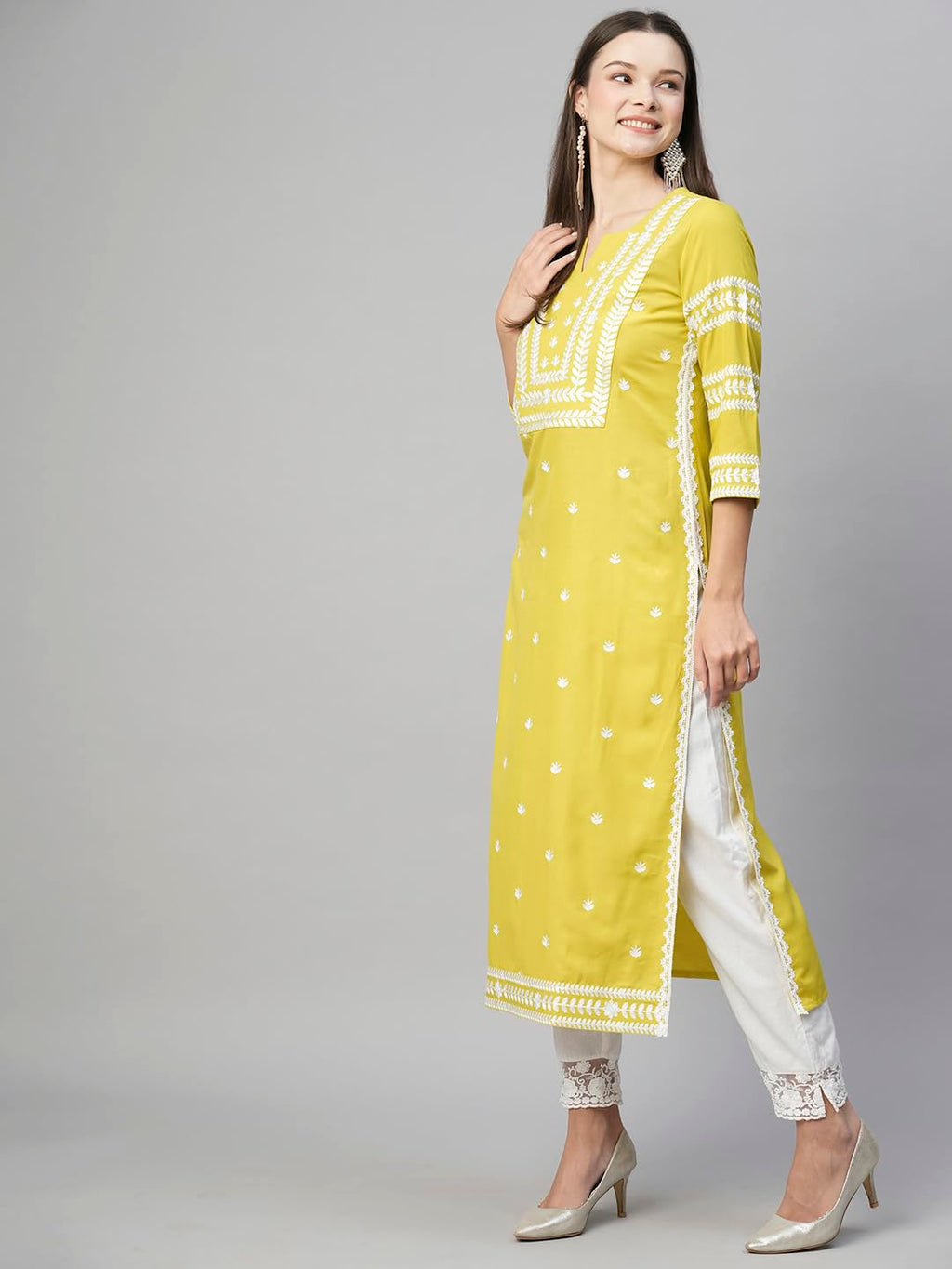 Anni Designer WomenS Cotton Blend Chikankari Embroidered Straight Kurta (Stho-Yellow_M_Yellow_Medium)