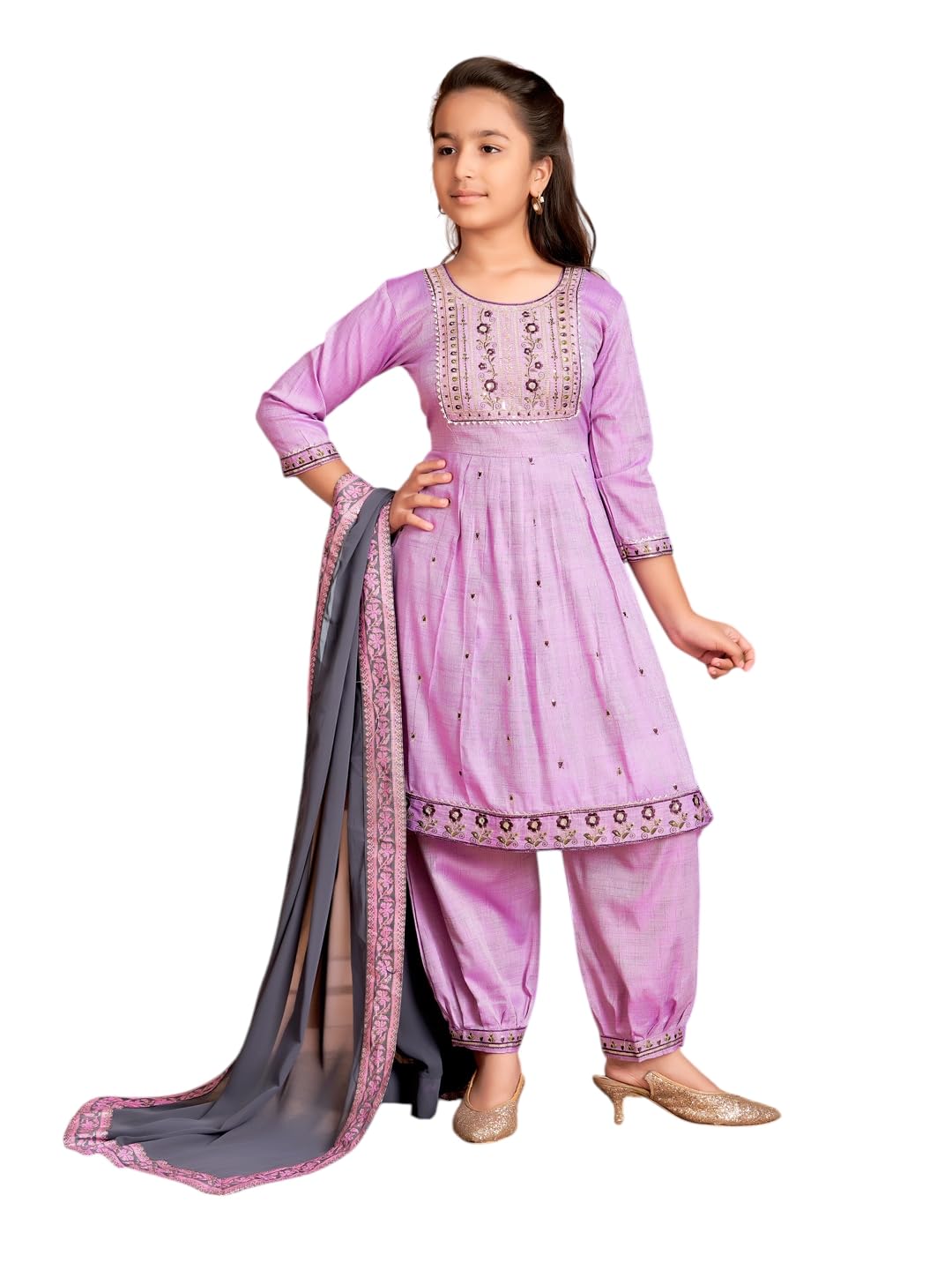 Aarika Girls Ethnic Wear Light Purple Colour Sequin Thread Embroidery Kurti Patiala Set-(4-13 Years)-(PT-TR-K-1063-LIGHT-PURPLE-