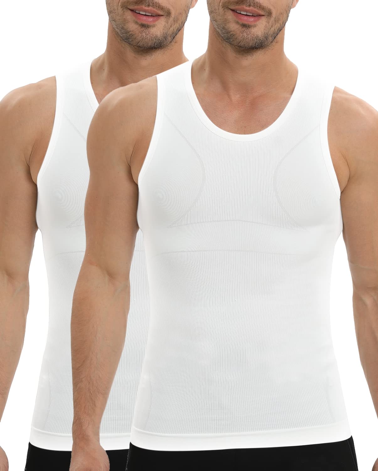 PODFAN Gynecomastia Mens Compression Shirt, Slimming Tank Top, Men Body Shaper Vest, Tummy Control Undershirts (2 Pack White,Med