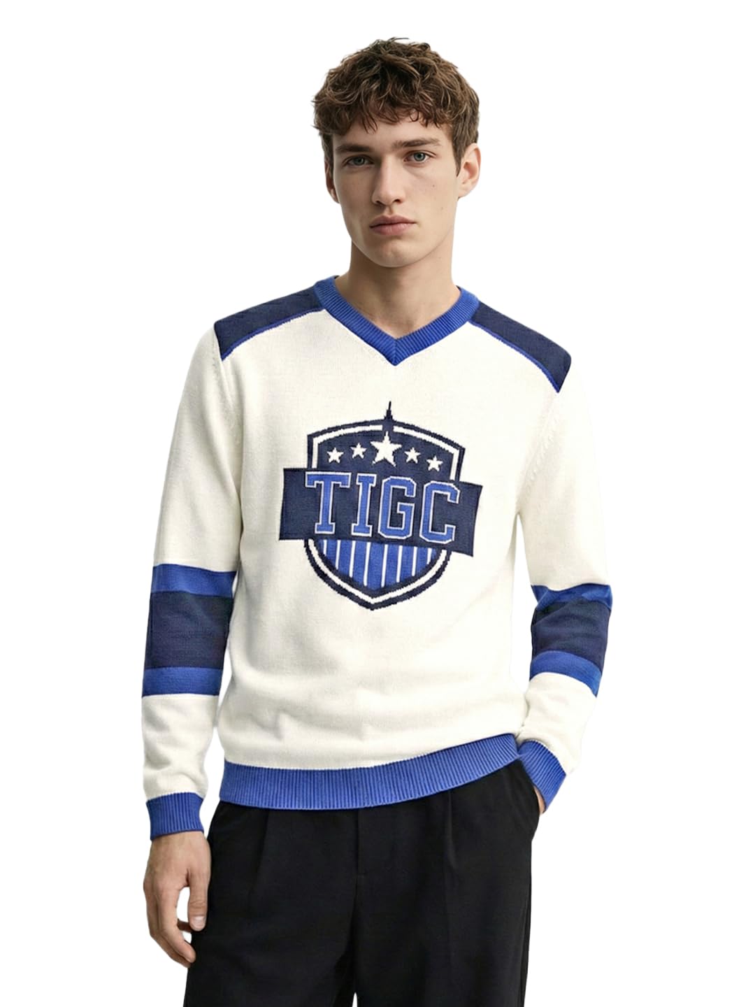 The Indian Garage Co Mens Slim Fit Long Sleeves Graphic V Neck T-Shirt