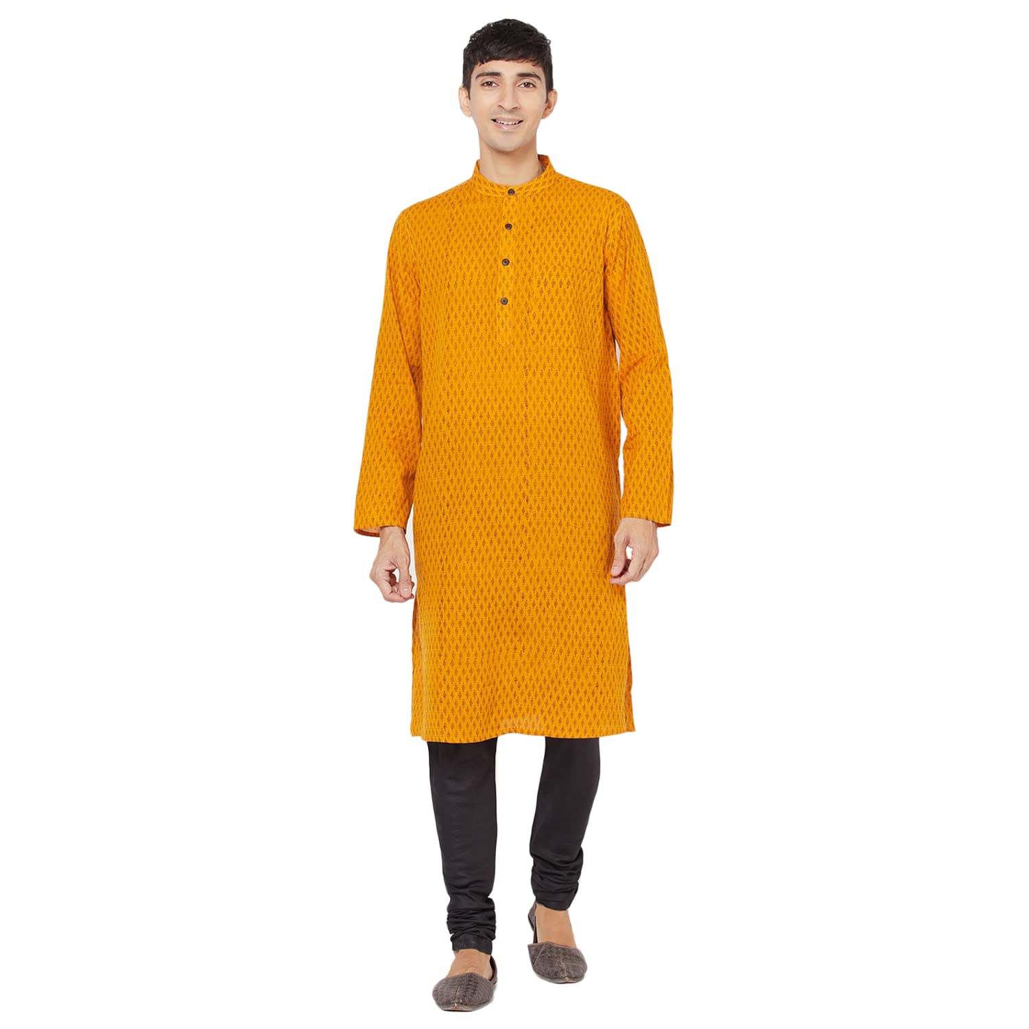 Fabindia MenS Cotton Printed Relaxed Kurta_Mustard_Xs
