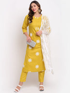 ANNI DESIGNER Womens Cotton Straight Kurta with Pant & Dupatta (KPTD-COT-10003-YELLOW_L_Yellow_Large)
