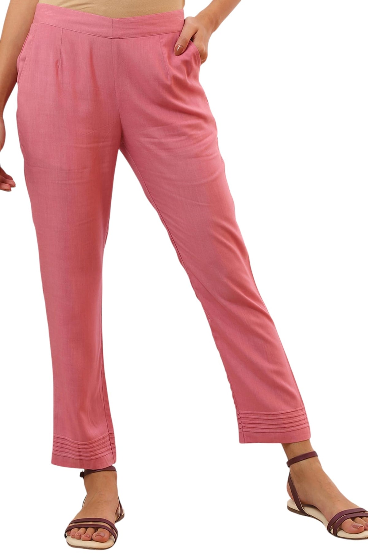 Aurelia Womens Pink Solid Rayon Straight Trousers (Size: L)-A60310-608263