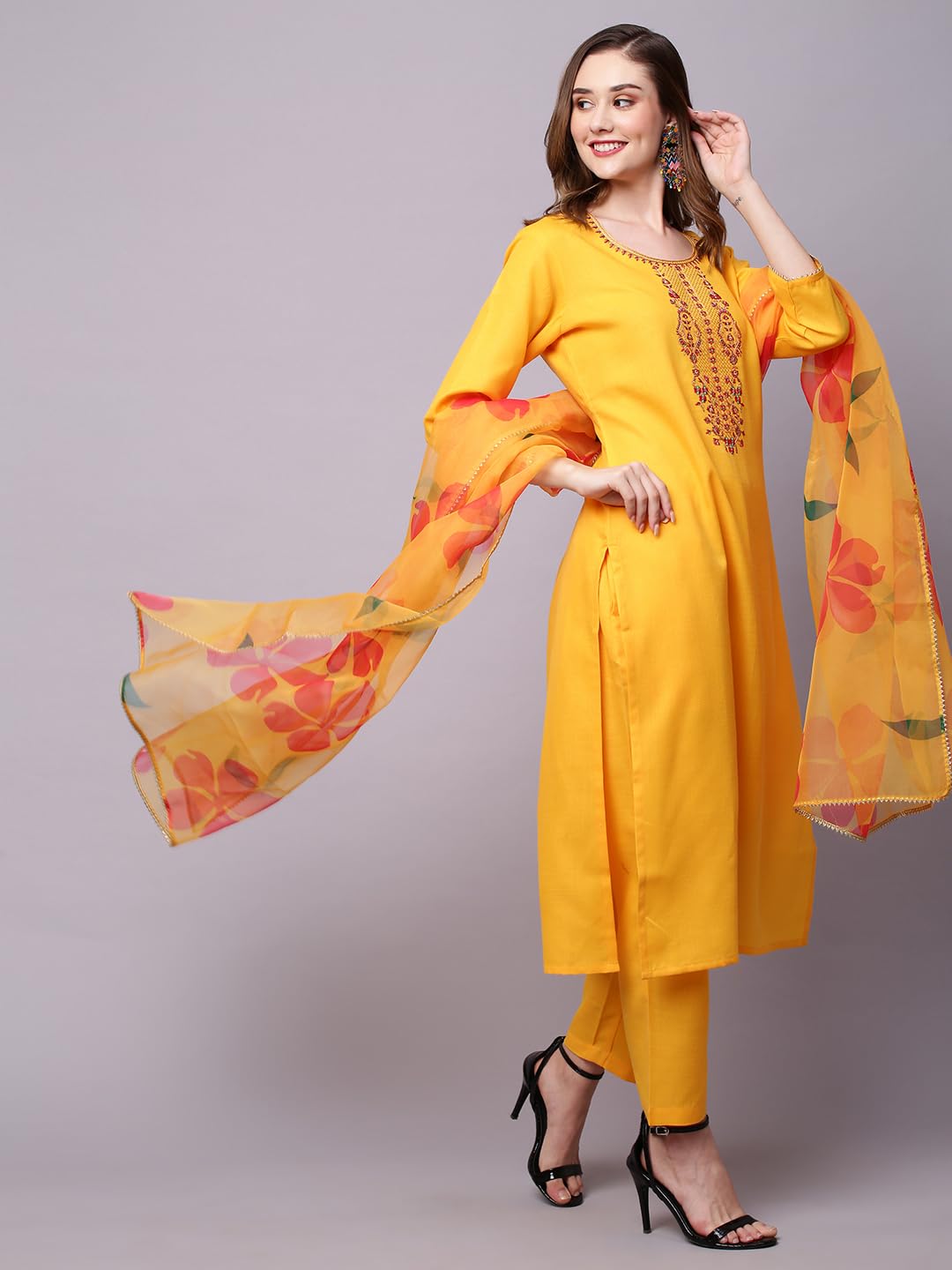 ANNI DESIGNER Ladies Cotton Blend Kurta with Trousers and Dupatta, yellow, XL