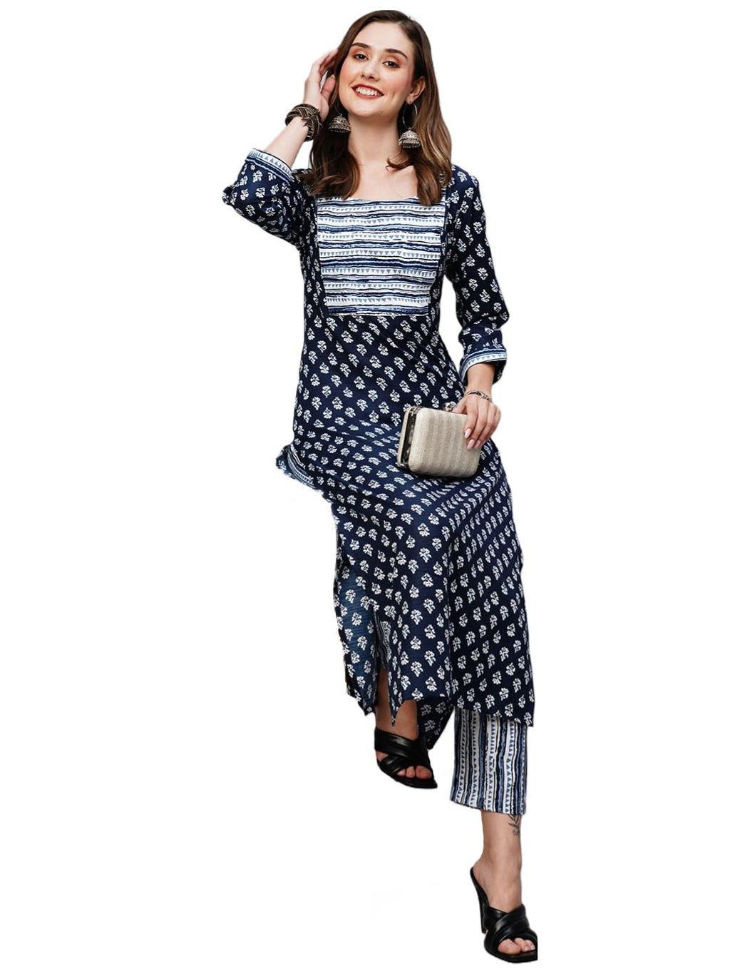ANNI DESIGNER Womens Cotton Blend Staright Printed Kurta with Pant (Kuhoo Blue-KNW_M_Blue_Medium)