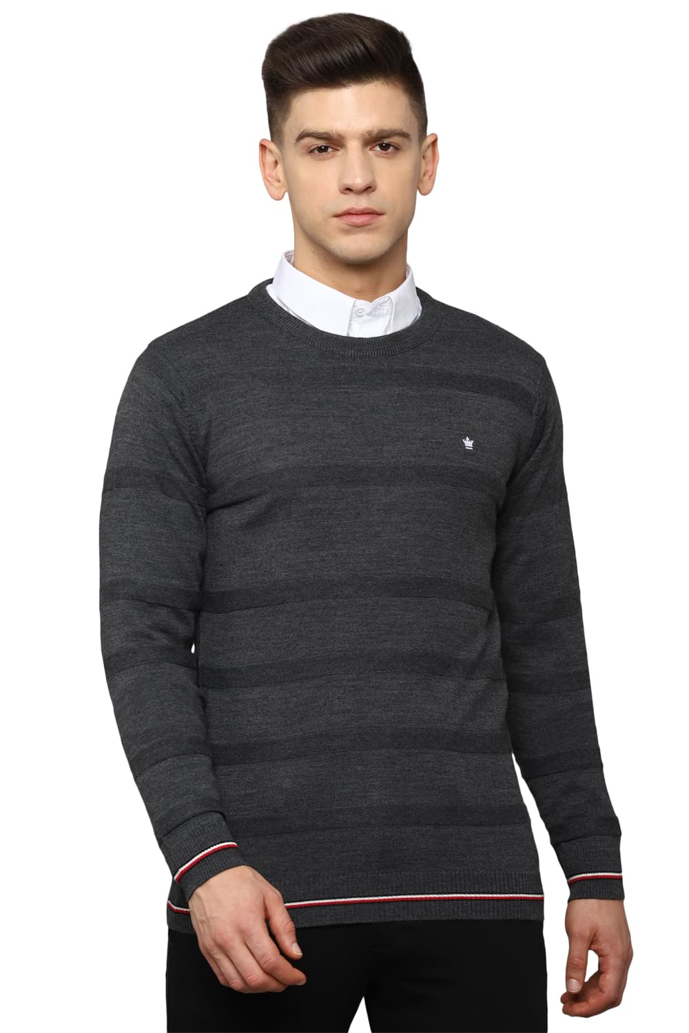 Men Grey Stripe Crew Neck Full Sleeves Sweater