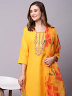 ANNI DESIGNER Ladies Cotton Blend Kurta with Trousers and Dupatta, yellow, XL