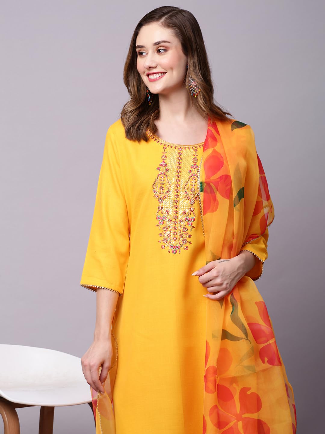 ANNI DESIGNER Ladies Cotton Blend Kurta with Trousers and Dupatta, yellow, XL