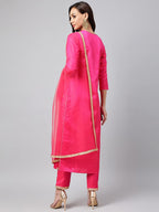 ANNI DESIGNER Womens Cotton Blend Straight Embroidered Kurta with Pant & Dupatta (Dipika Rani_S_Pink_Small)