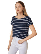 Toochki Womens Cap Sleeves Top with Striped Printed Regular Fit and Boat Neck Regular Length
