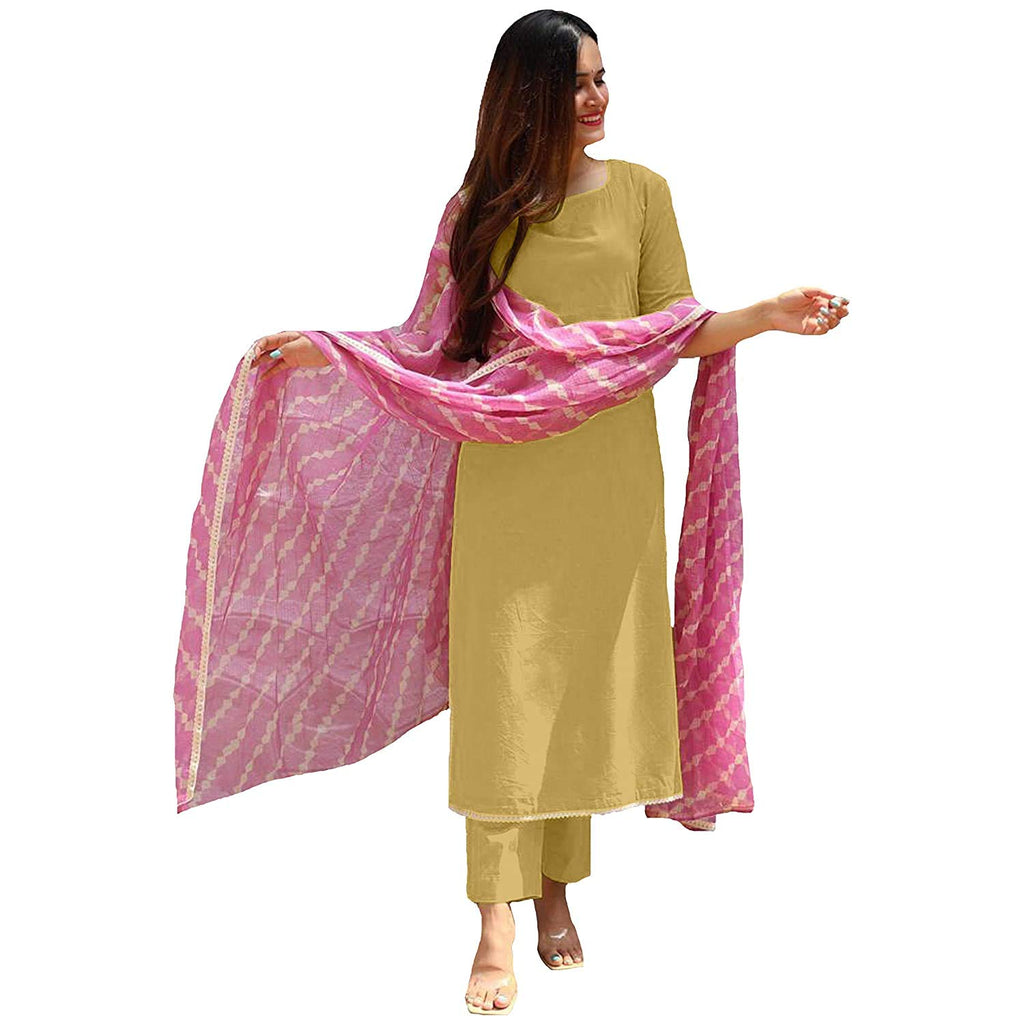 ANNI DESIGNER Women's Cotton Leheria Printed Kurta and Palazzos & Dupatta Set (CHIKU,M) Beige