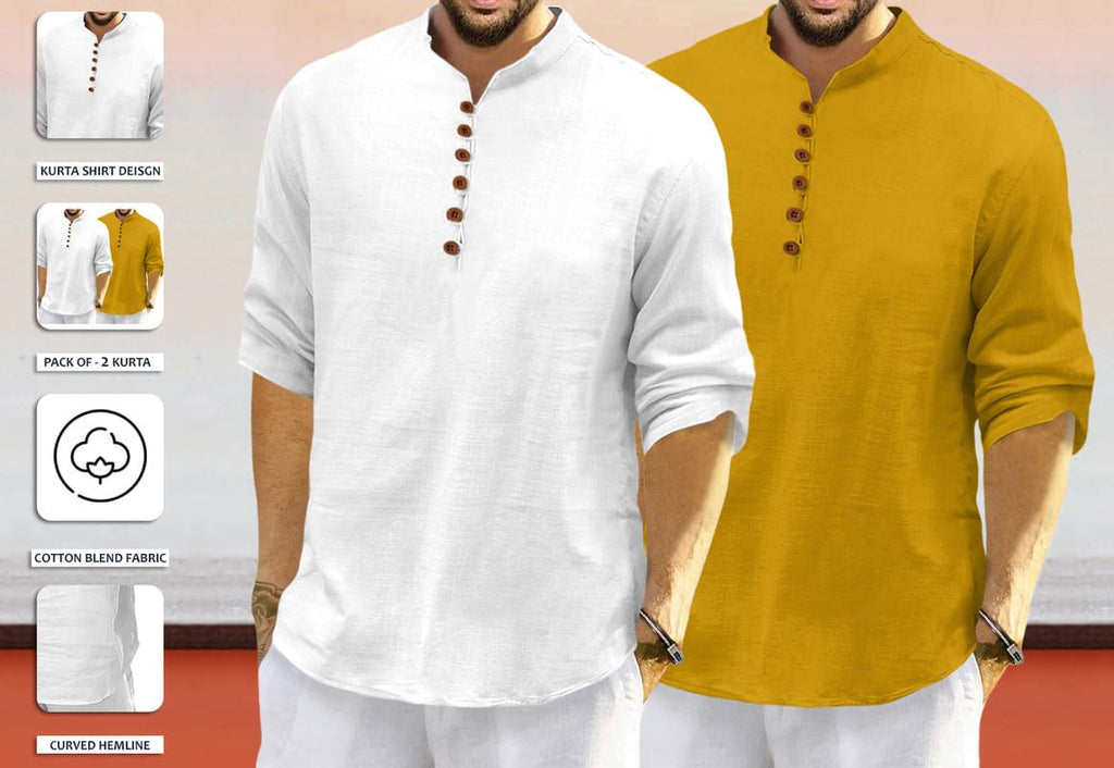 Macsivo MenS Cotton Blend Kurta With Solid Band Collar Full Sleeve Button Closure Regular Fit Curved Hem Length | Kurta For Man