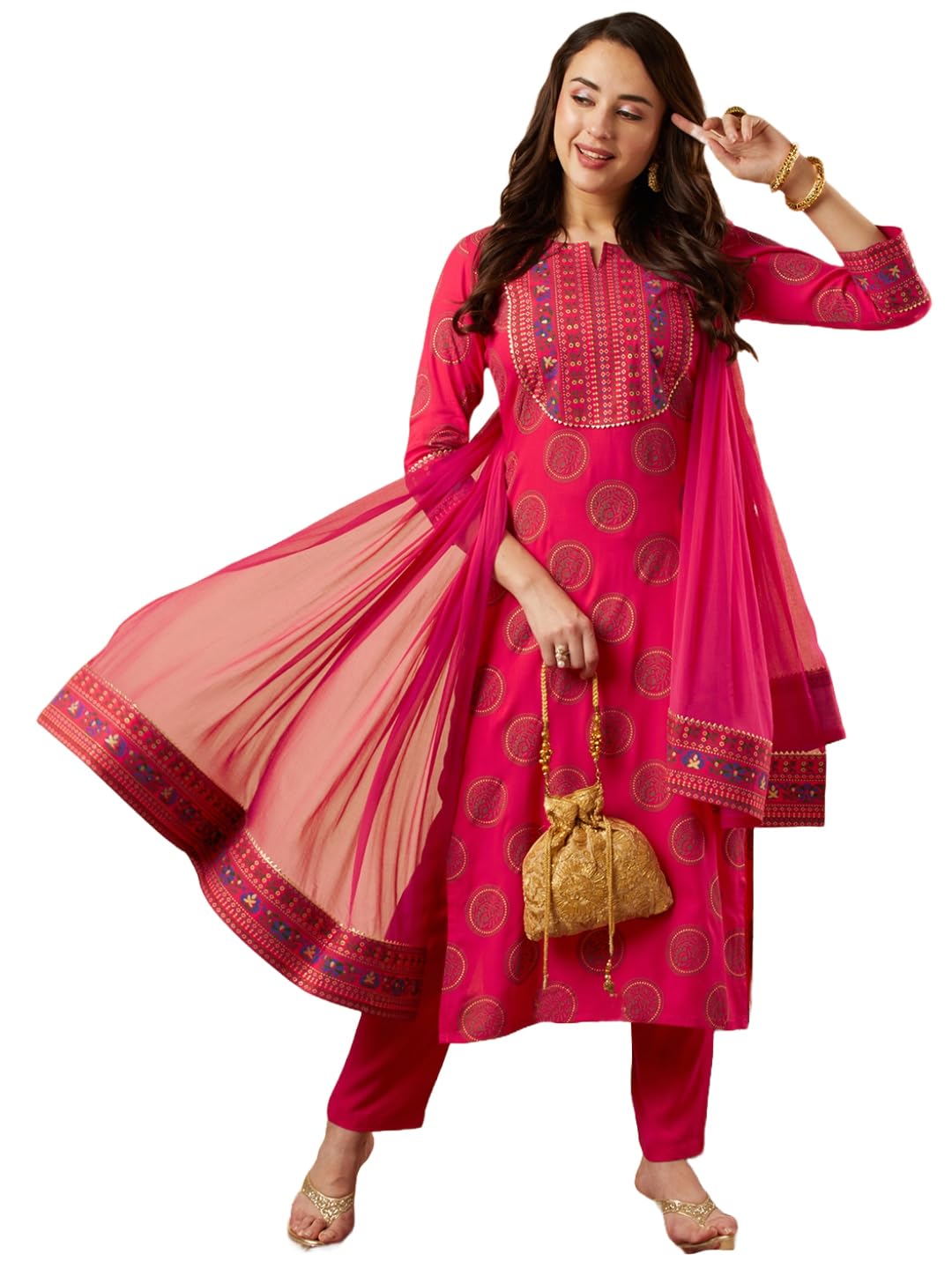 ANNI DESIGNER Womens Cotton Blend Straight Printed Kurta with Pant & Dupatta (NOV-Pink-NSW_4XL_Pink_XXXX-Large)