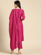 Libas Pink Yoke Design Silk Blend Straight Kurta With Trousers & Dupatta