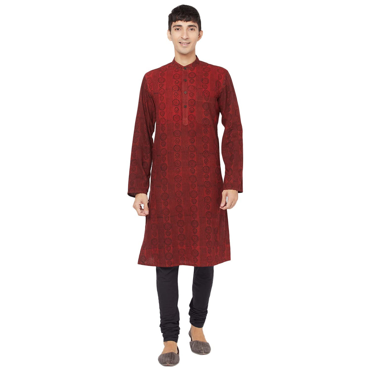 Fabindia MenS Cotton Printed Slim Kurta_Red_Xs