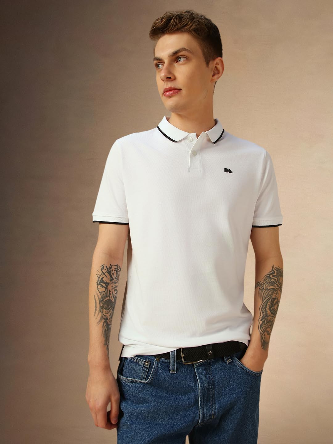 Dennis Lingo Mens White Poly Cotton Loose Fit Solid Half Sleeve Polo T-Shirt