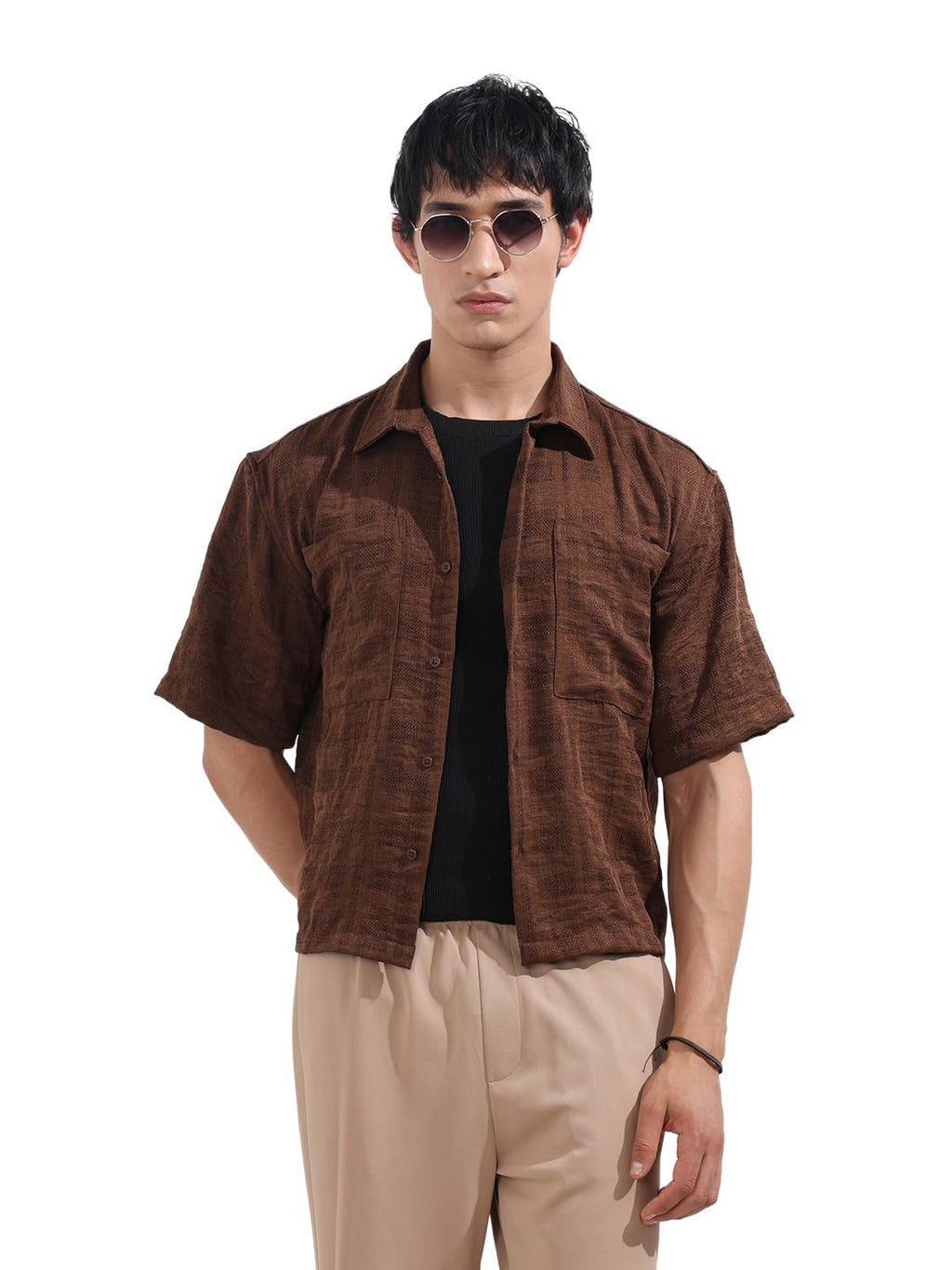 The Indian Garage Co Mens Boxy Textured Cutaway Collar Half Sleeves Resort Shirt