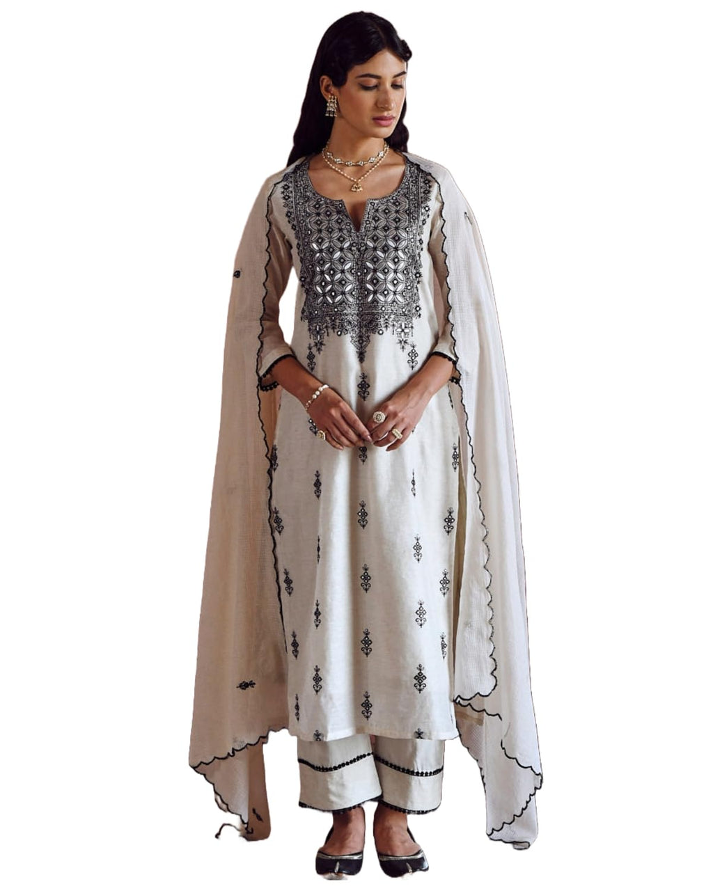 ANNI DESIGNER Womens Rayon Blend Straight Embroidered Kurta with Pant & Dupatta (Thread White_XXL_White_XX-Large)