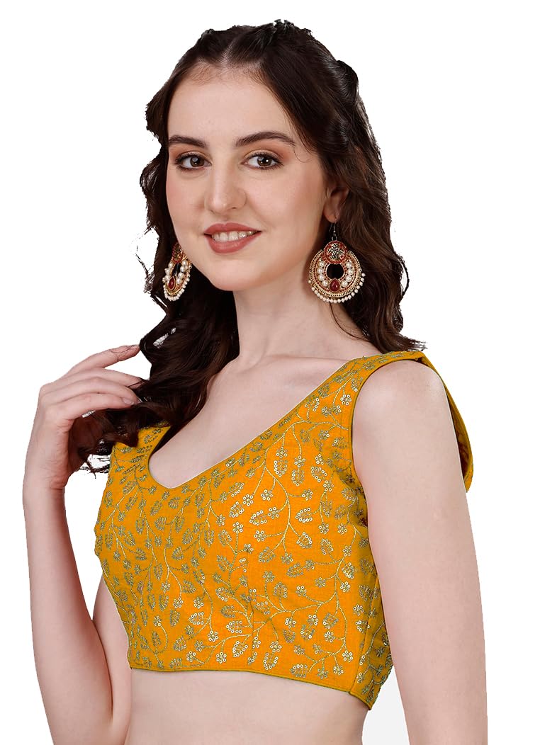 Pujia Mills Womens Sleeveless Blouse for Women Yellow Sleeveless Blouse Readymade Embroidery Work Blouse Sleeveless Saree Blous