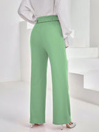 Shasmi Womens Elegant Pista Green Solid Color High Waisted Belted Toothpick Stripe Design Straight Loose Casual Women Pants, Mi