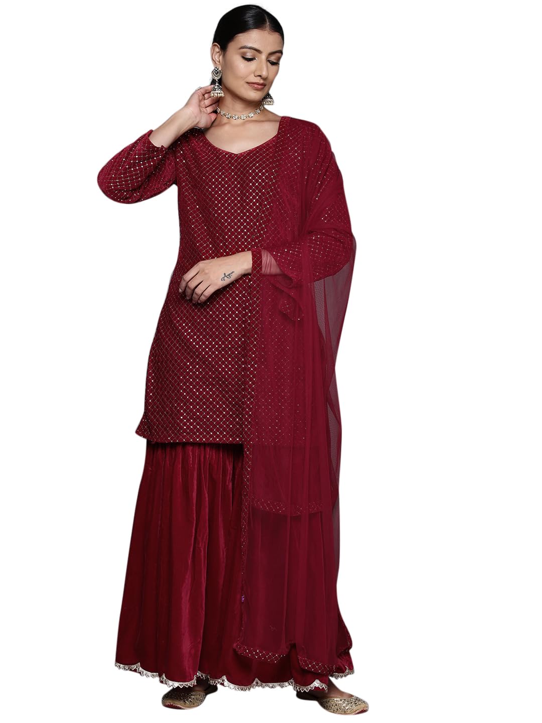 Libas Womens Embroidered Velvet Straight Kurta With Sharara And Dupatta