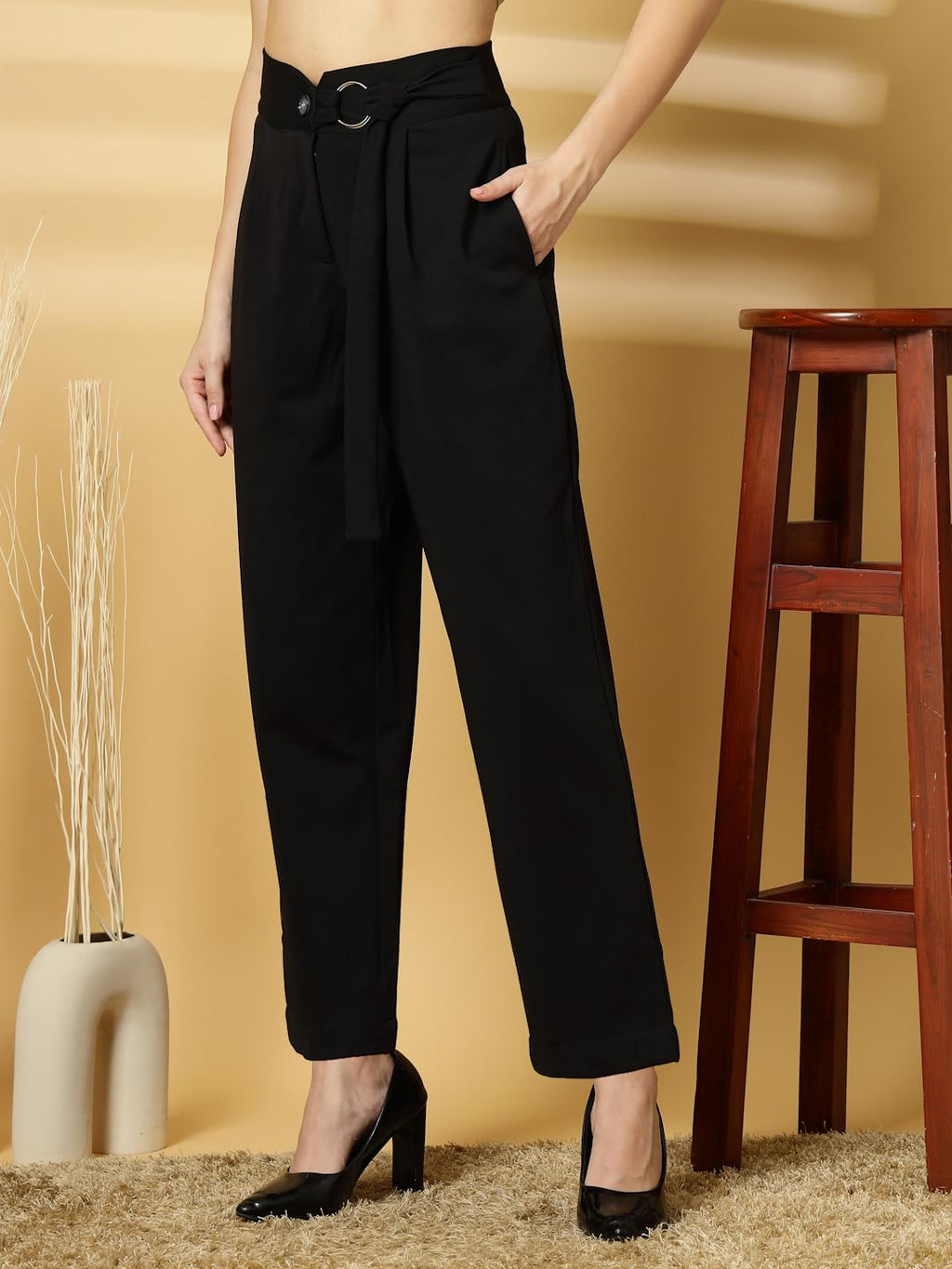 Womens Wide Leg Pants | Solid Black Stretchable Polyester Trousers | Stylish Korean Clothing | Flared, Straight Fit, Baggy, and