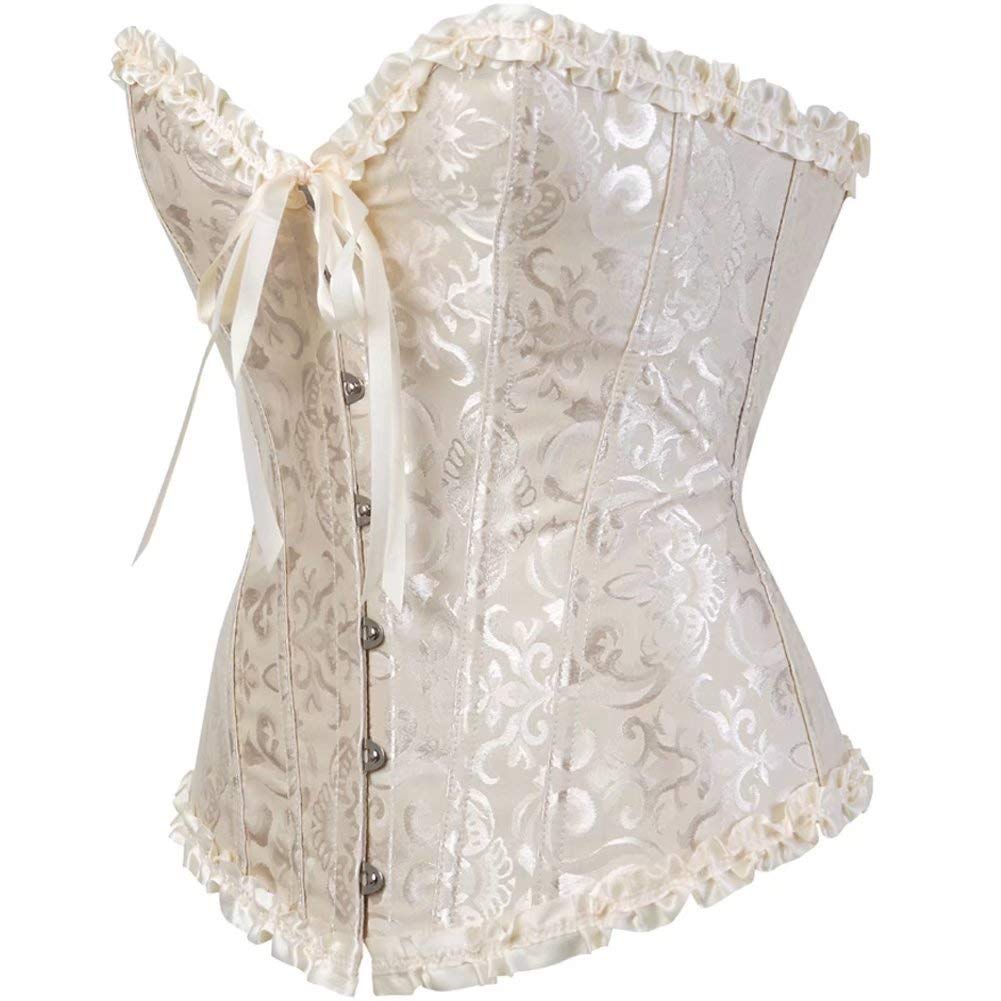 SHYMMUO Women's Lacing Corset Top Satin Floral Boned Overbust Body Shaper Bustier Beige M