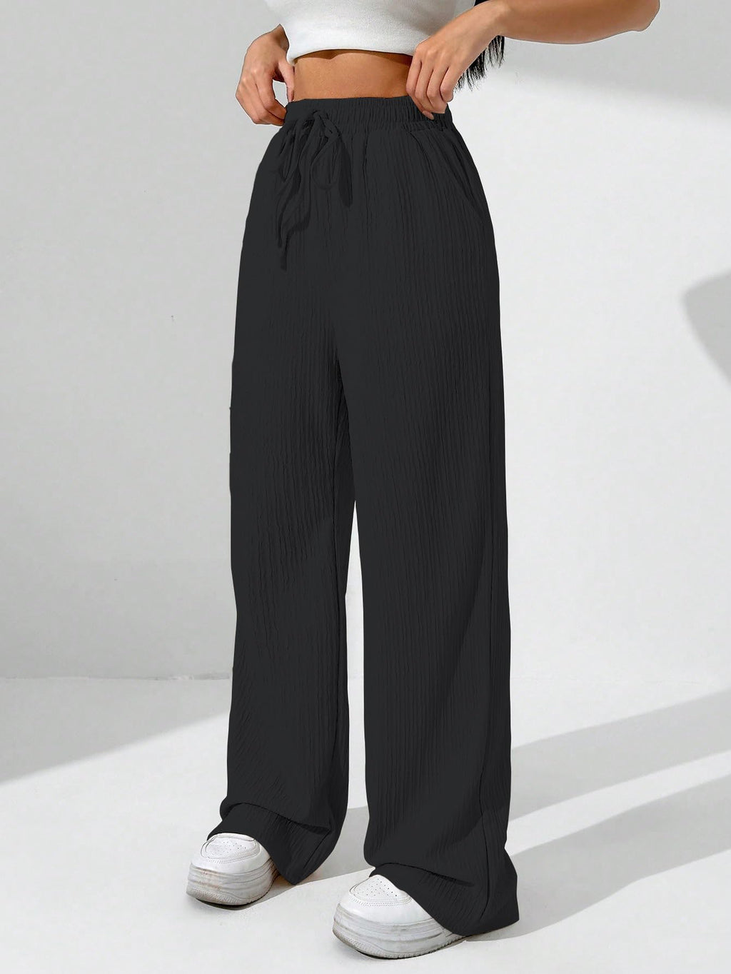 Sugathari Womens Black Loose Wide-Leg Pants with Textured Wrinkled Fabric and Drawstring Waist Long Trousers (Trouser 157 Black