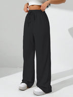 Sugathari Womens Black Loose Wide-Leg Pants with Textured Wrinkled Fabric and Drawstring Waist Long Trousers (Trouser 157 Black
