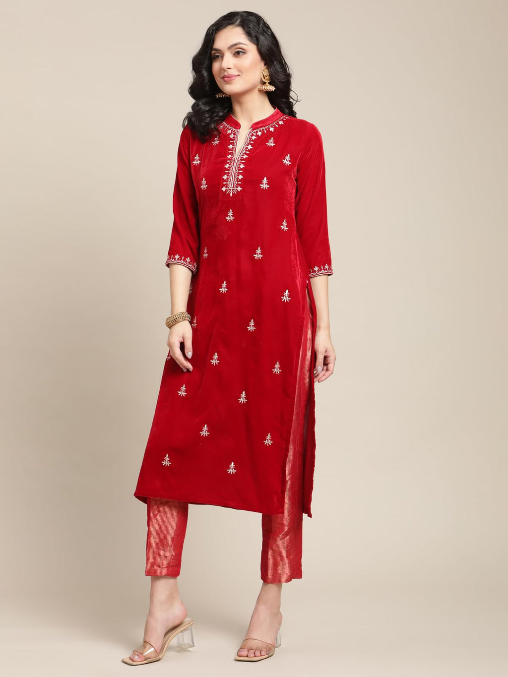 Varanga Women Red Embroidred Velvet Kurta Paired With Brocade Trouser