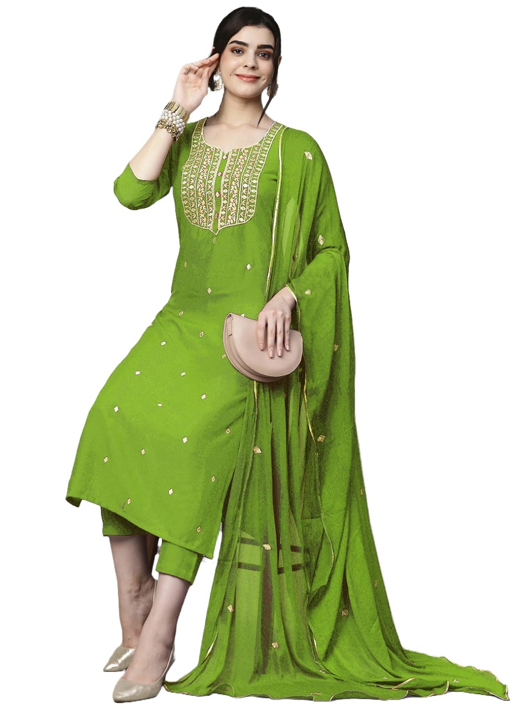 GoSriKi Ladies Cotton Blend Embroidered Straight Kurta with Trousers and Dupatta, pink, 4X-Large