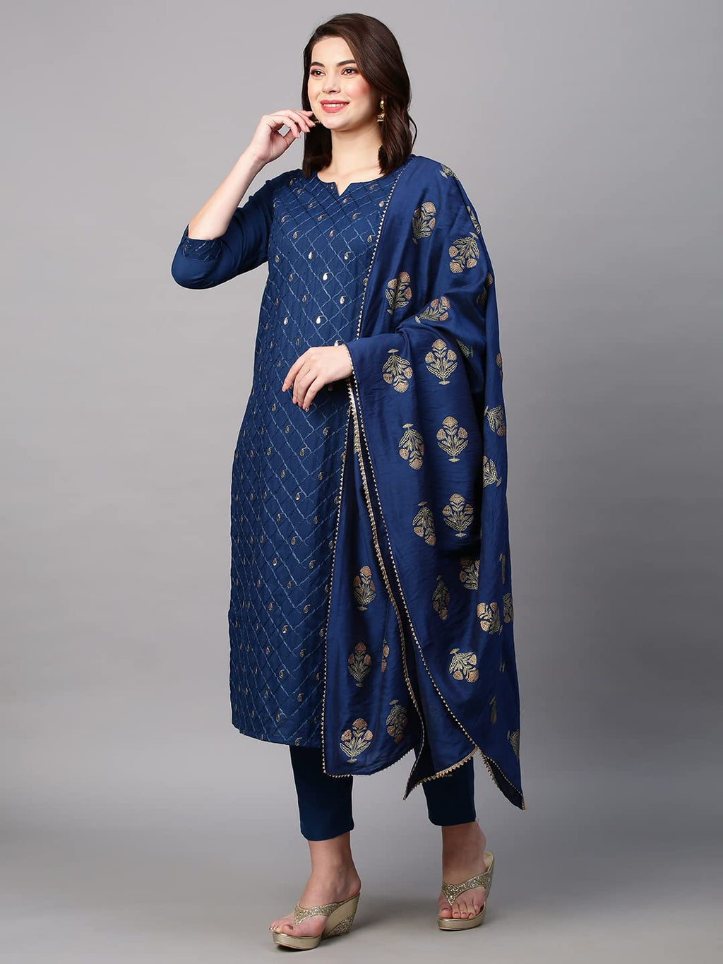 ANNI DESIGNER Womens Cotton Blend Floral Regular Kurta with Pant & Dupatta (MYSURU-Nw01_Dark Blue