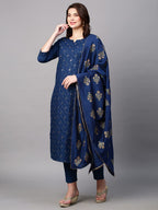 ANNI DESIGNER Womens Cotton Blend Floral Regular Kurta with Pant & Dupatta (MYSURU-Nw01_Dark Blue