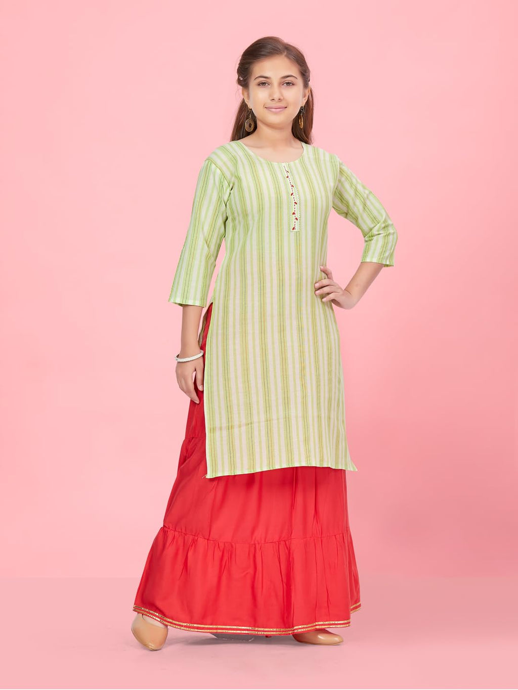 Aarika Girls Green Colour Stripe Cotton Kurti