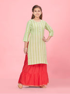 Aarika Girls Green Colour Stripe Cotton Kurti