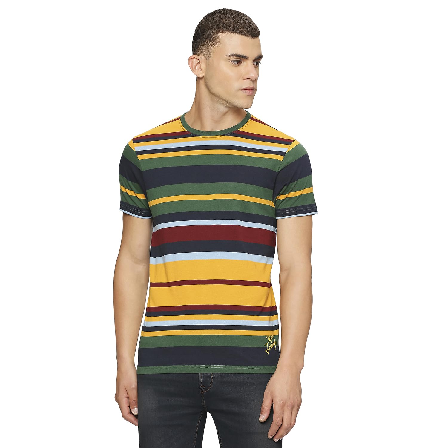 Pepe Jeans Men Cotton Slim Fit Striped T-Shirts, Yellow, Small