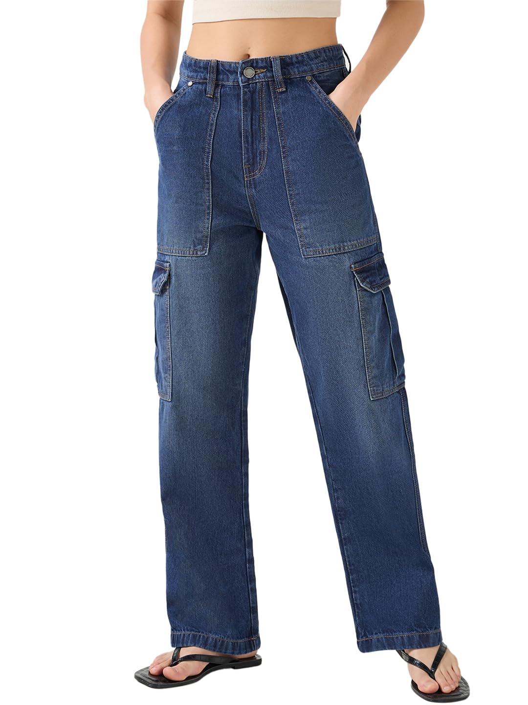 Bewakoof Womens Washed Straight Fit Pure Cotton Cargo Jeans_671032_Blue_34
