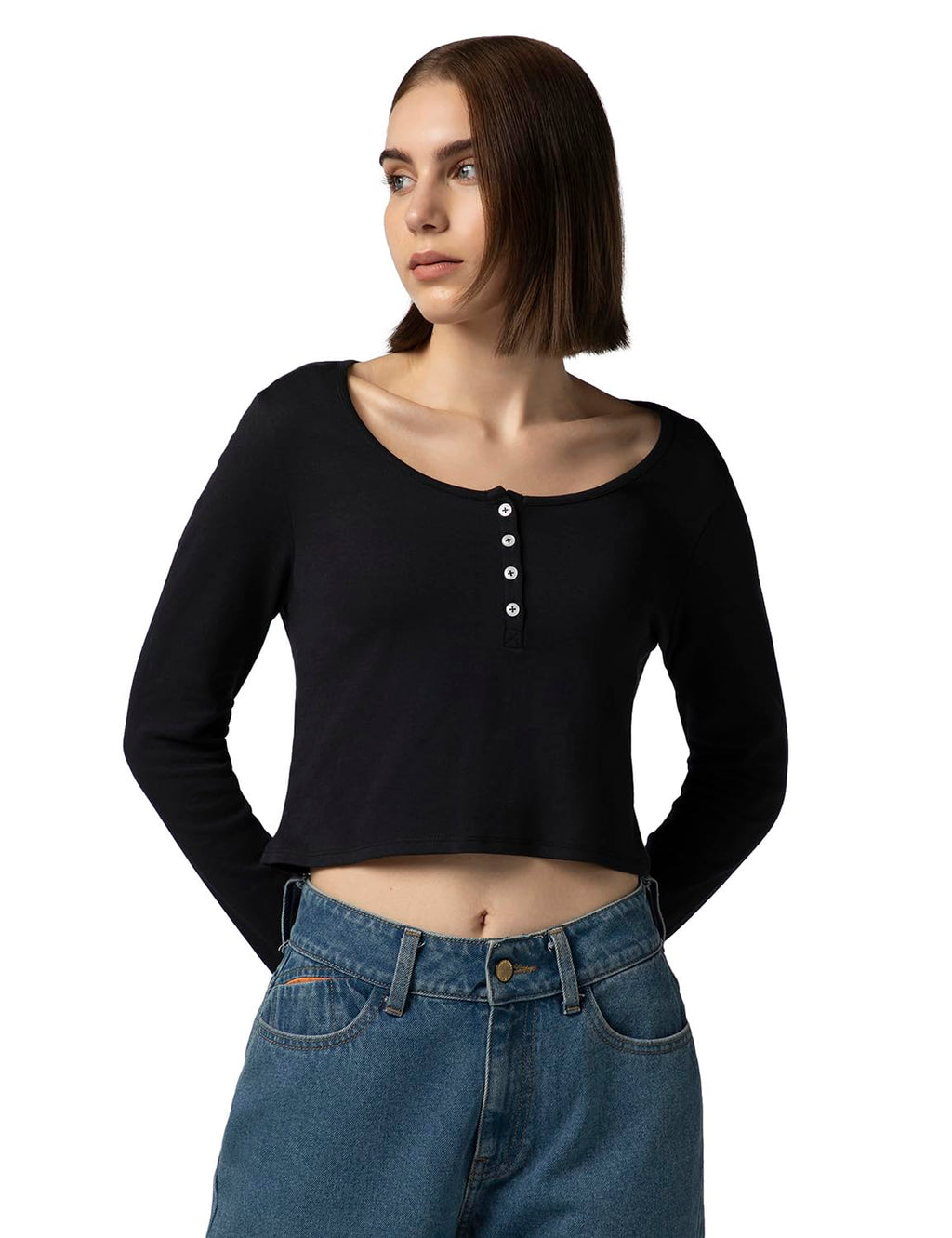 FYLTR Womens Casual Scoop Neck Henley T-Shirt - Full Sleeves | Fitted Length