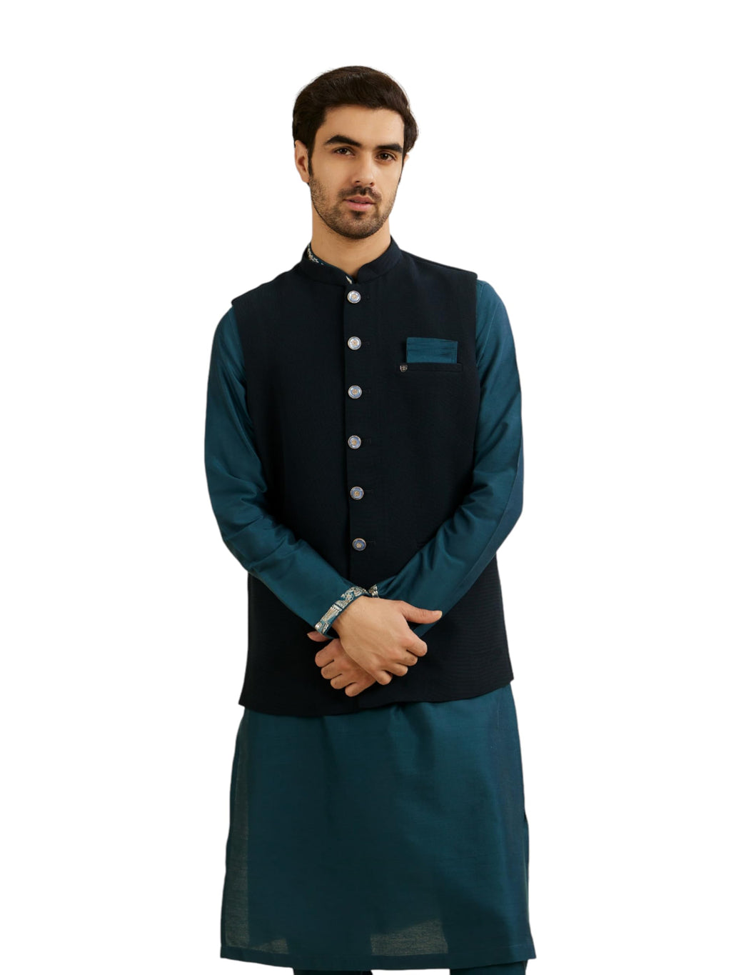 Manyavar MenS Rayon Blend Textured Ethnic Jacket (Teal Green,Xxxl)