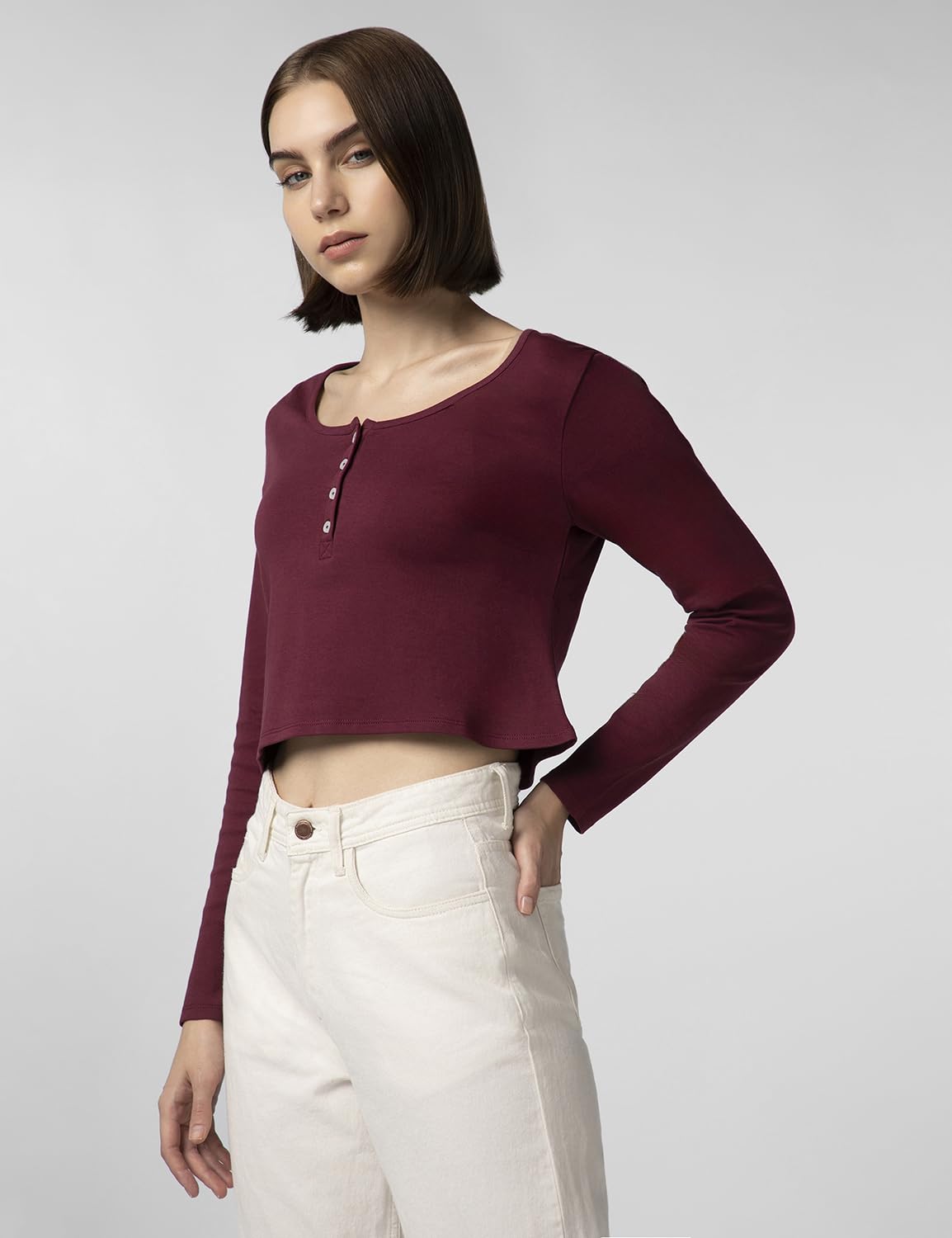 FYLTR Womens Casual Scoop Neck Henley T-Shirt - Full Sleeves | Fitted Length